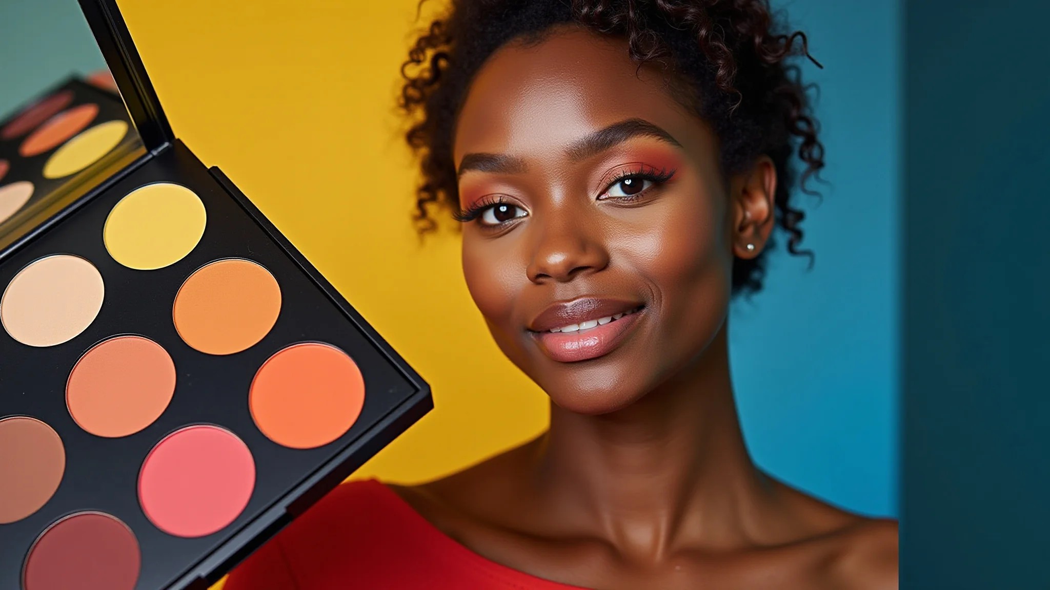 Paleta de maquiagem com cores primárias: vermelho, amarelo e azul.