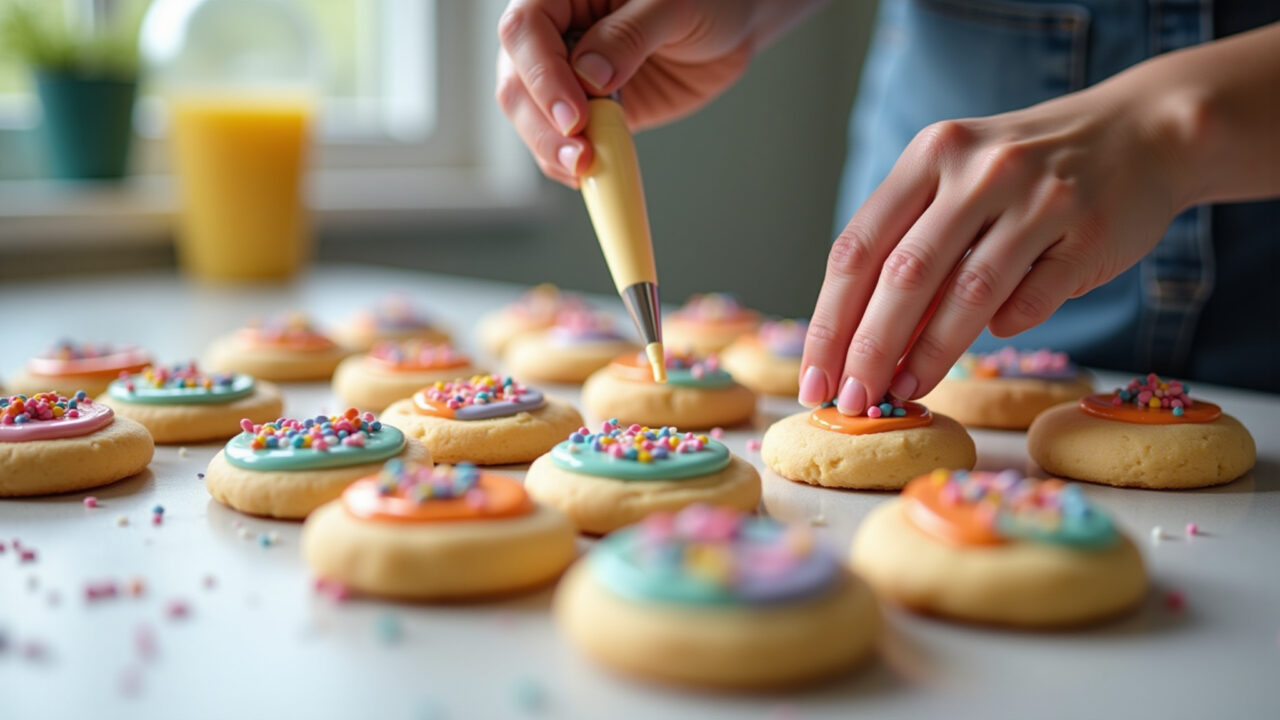 Mini chef decorando biscoitos com glacê colorido.