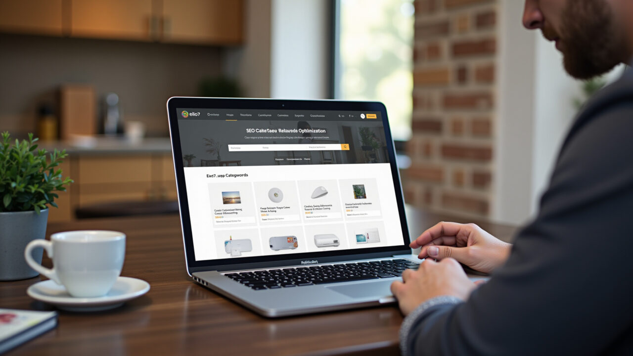 Professional photography of SEO optimization process for an Elo7 shop, featuring a laptop with Otimização de SEO para loja na Elo7, com foco em palavras-chave.