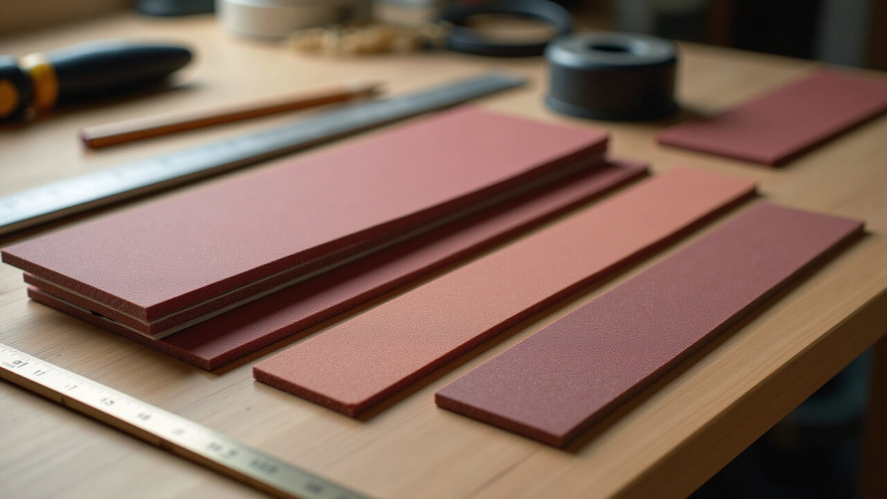 Professional photography of various grades of sandpaper (coarse, medium, fine) neatly arranged on a Lixas de diferentes granulações organizadas em bancada de madeira.