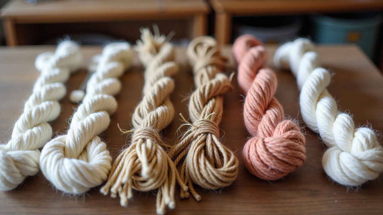 Variedade de cordas para macramê: algodão, juta e sisal.