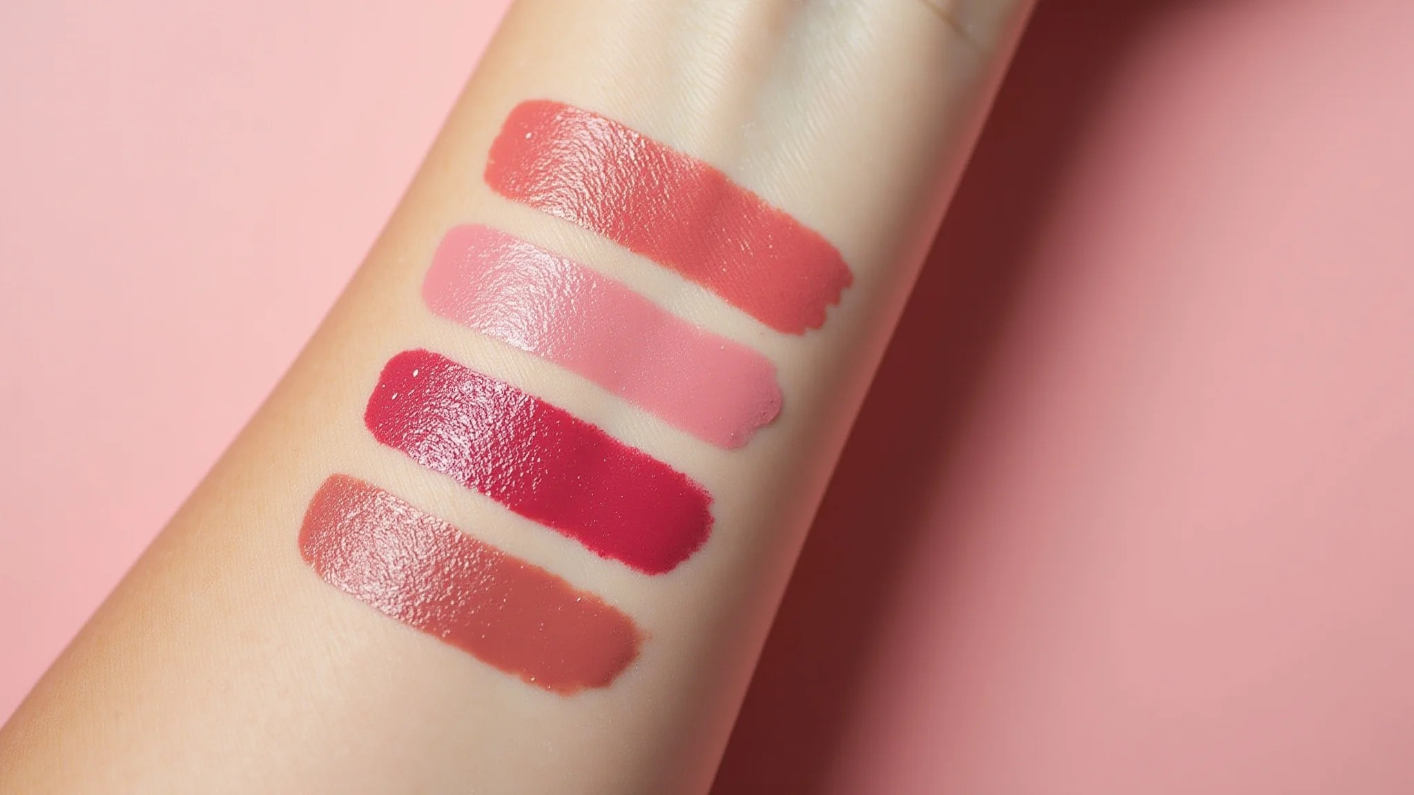 Amostras de vários tons de batom líquido rosa em pele clara, iluminação natural.