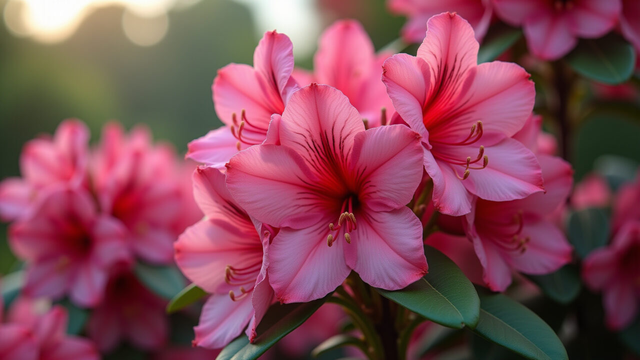 Professional photography of vibrant pink azaleas in a Brazilian garden, partial shade, 8K quality, Azaleias cor de rosa vibrantes em um jardim brasileiro.
