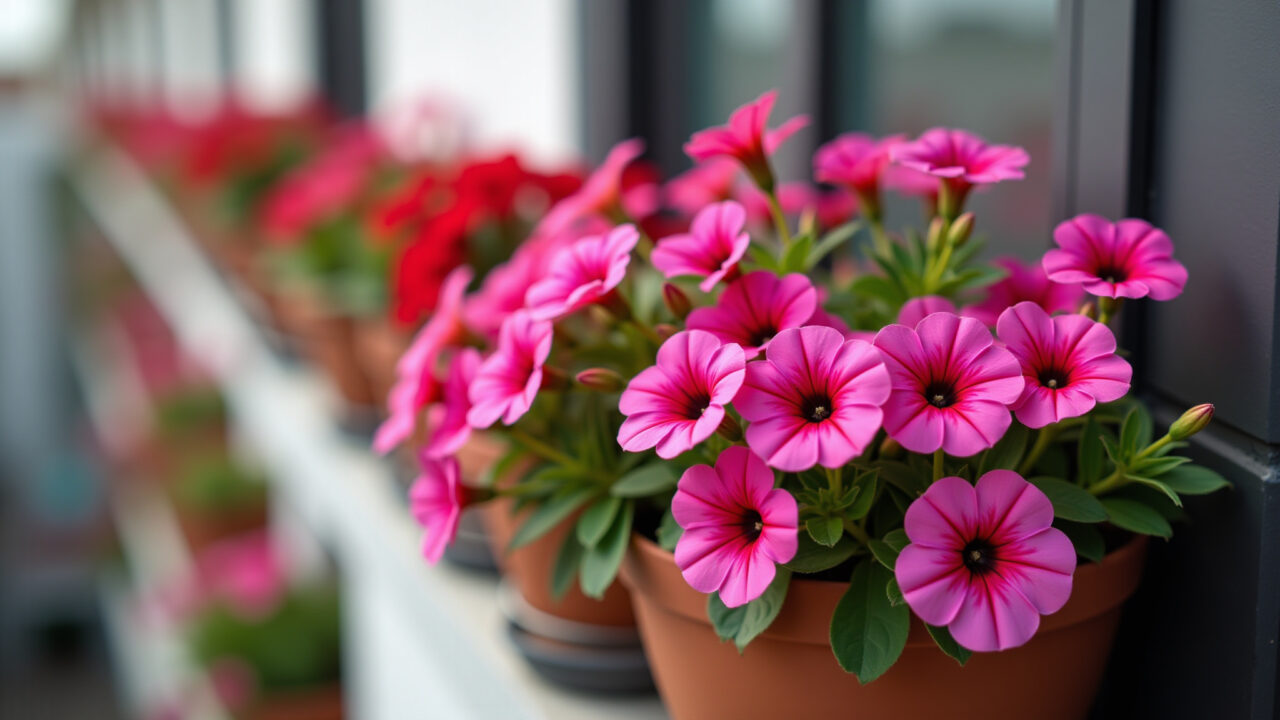 Professional photography of vibrant pink petunias overflowing from pots in a Brazilian balcony, Petúnias cor de rosa vibrantes transbordando de vasos em varanda brasileira.