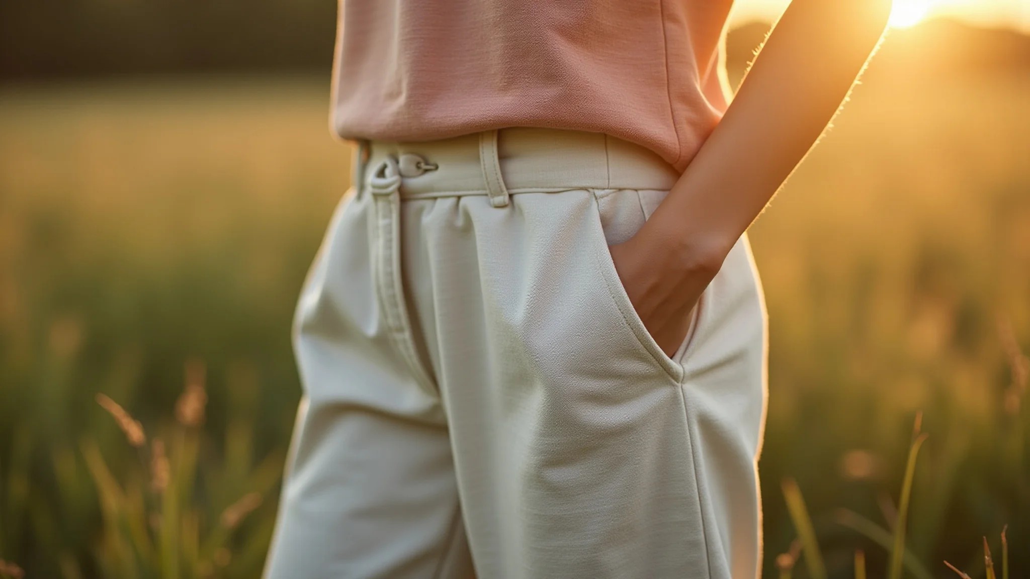 Calça pantalona de linho, close-up, luz suave da hora dourada.