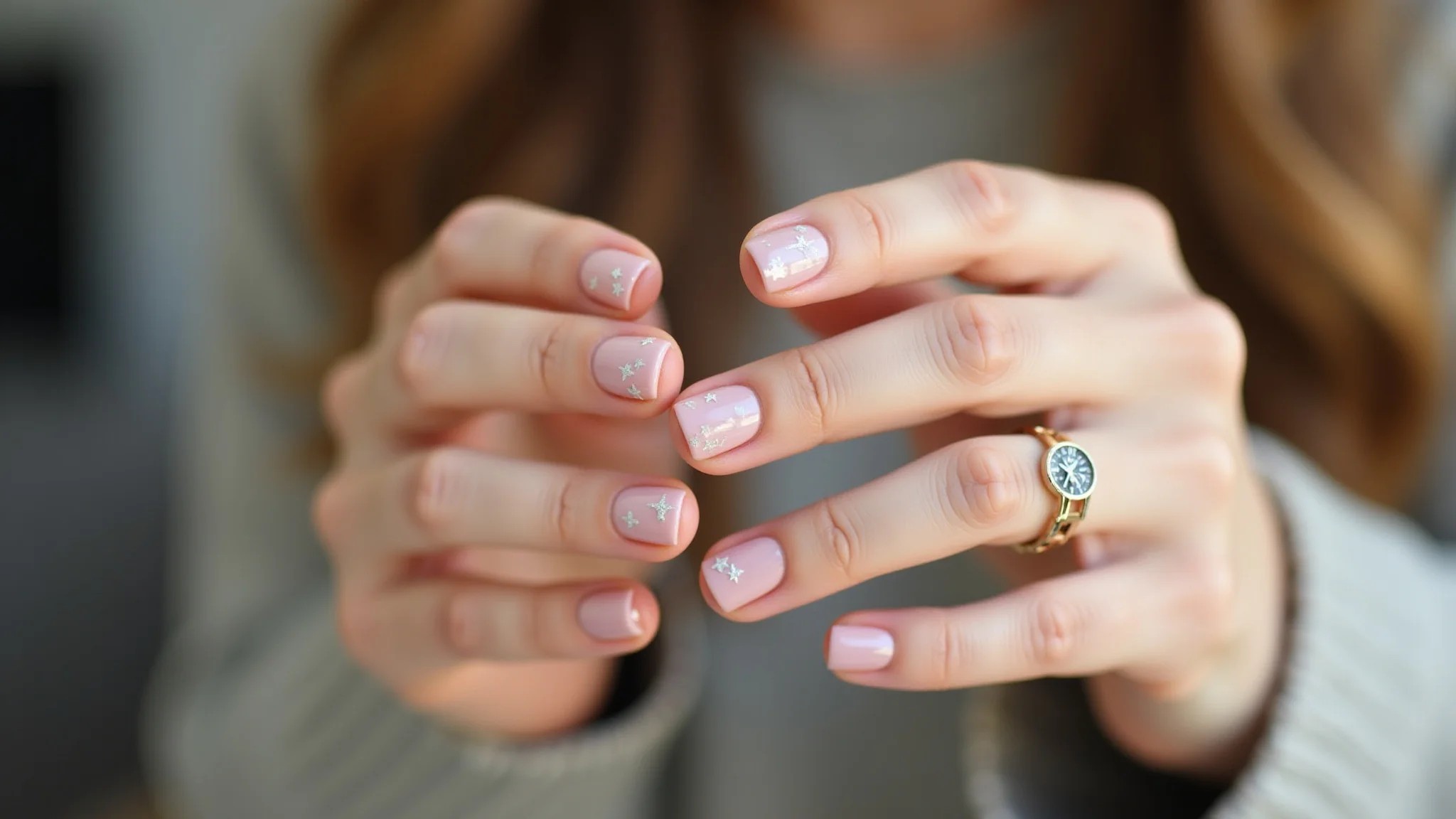 Mãos femininas com unhas minimalistas decoradas com pequenas estrelas para o Ano Novo.
