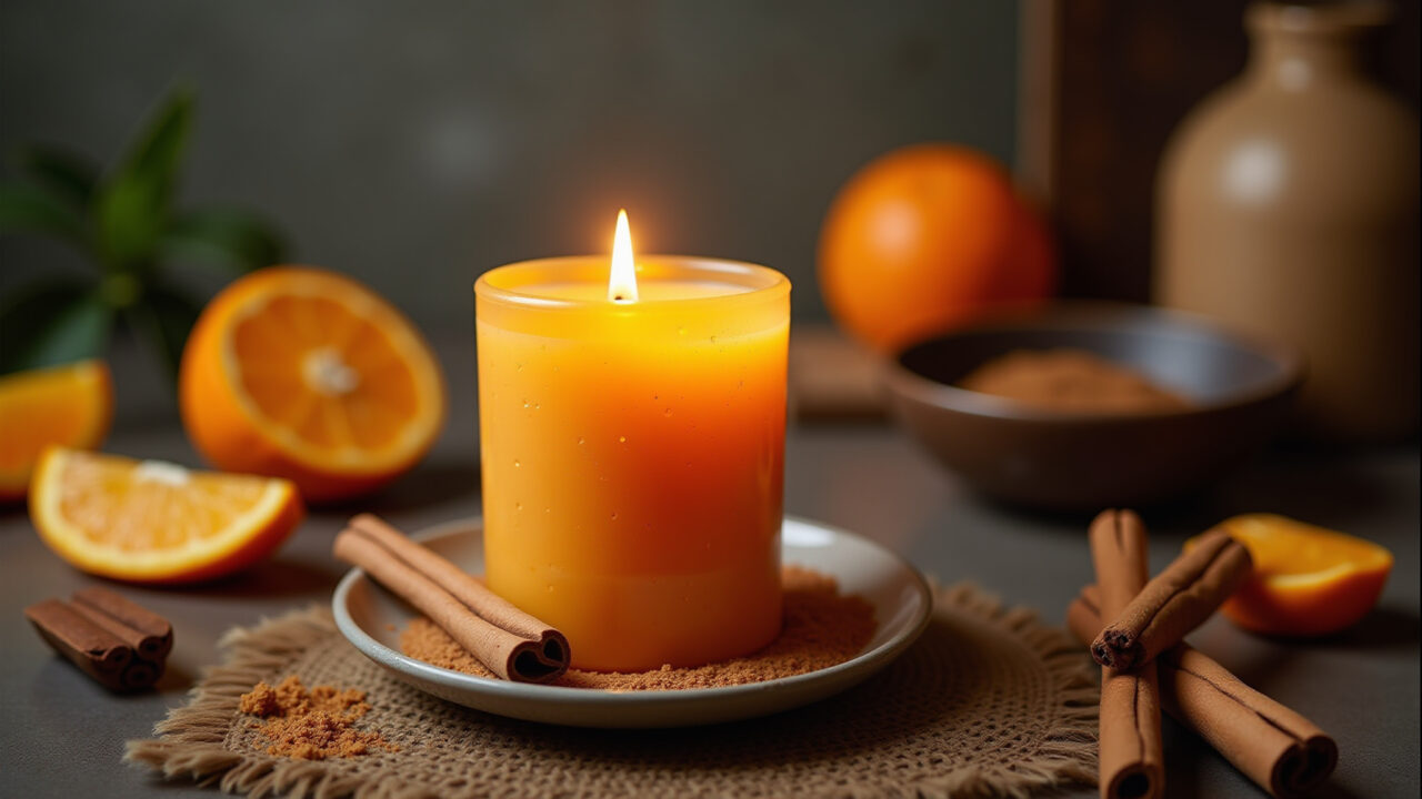 Vela artesanal de laranja e canela com cera de abelha.
