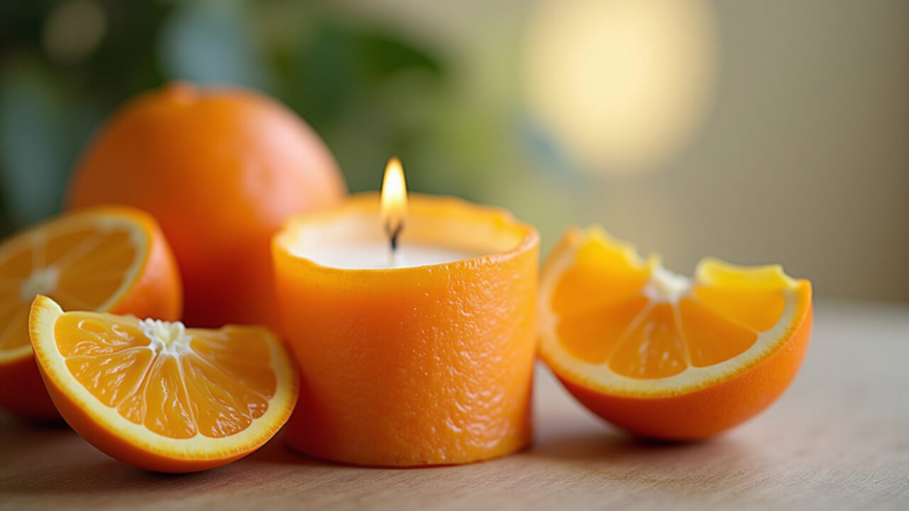 Vela em casca de laranja para um aroma natural e refrescante.