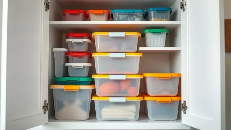Potes plásticos organizados em armário de cozinha, sem bagunça.