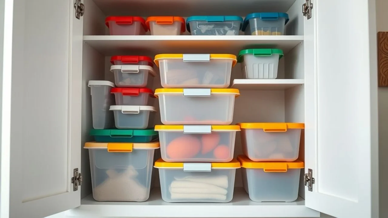 Potes plásticos organizados em armário de cozinha, sem bagunça.