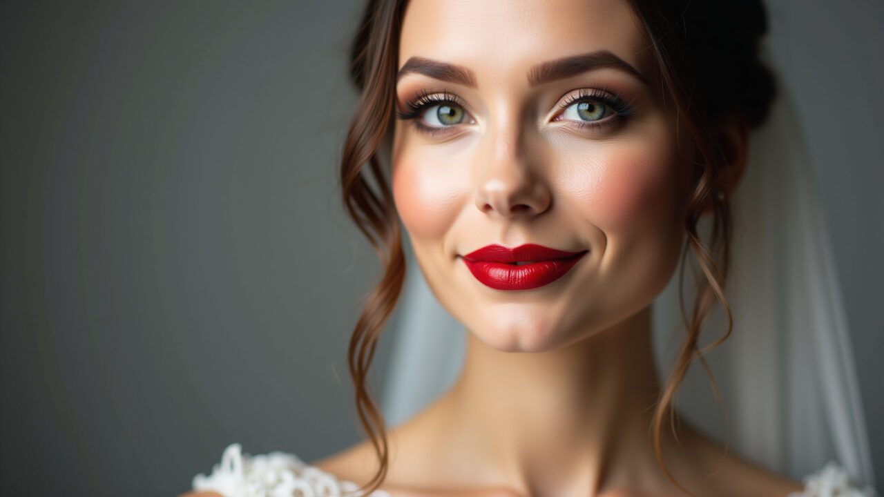 Batom vermelho poderoso em noiva com contorno labial definido.
