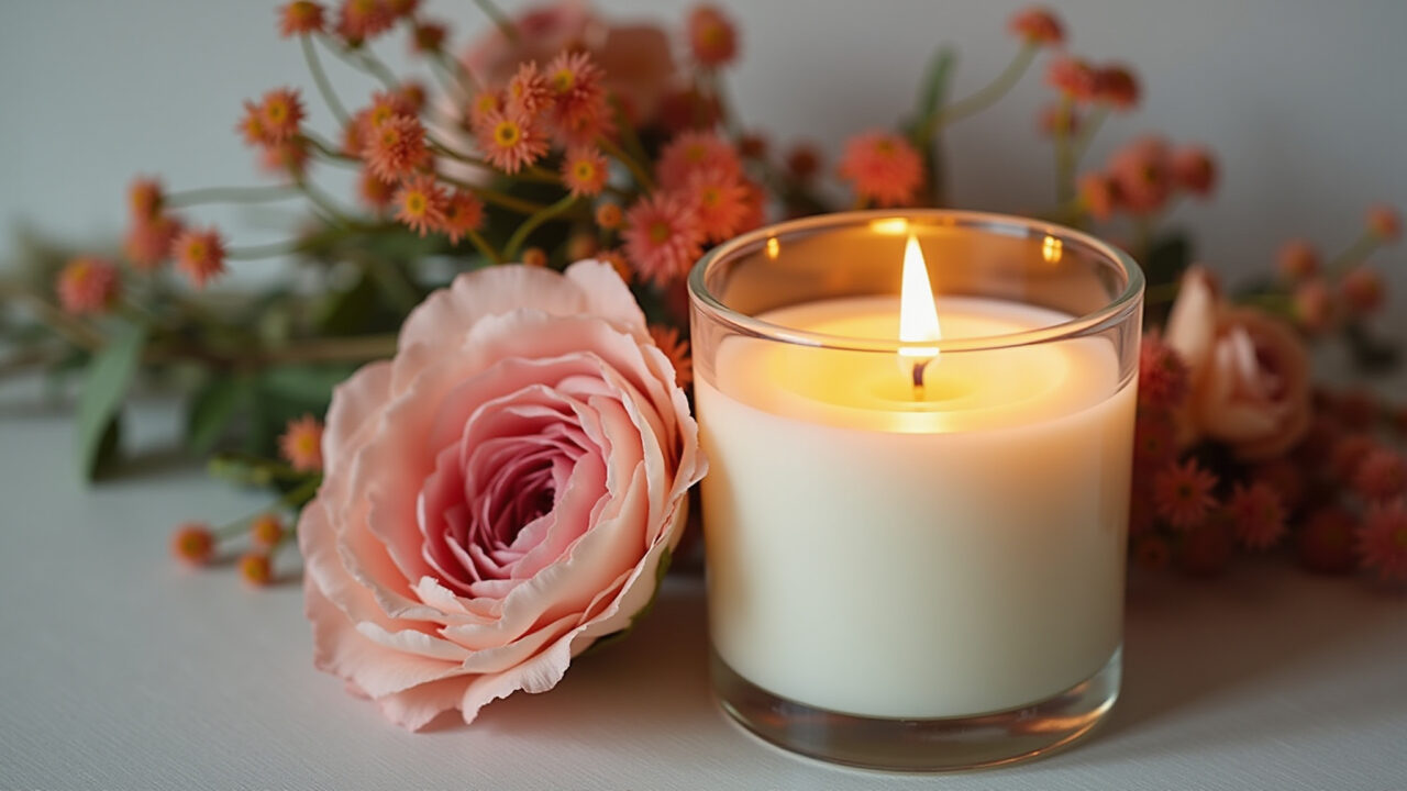 Vela decorativa com flores secas para um toque romântico.