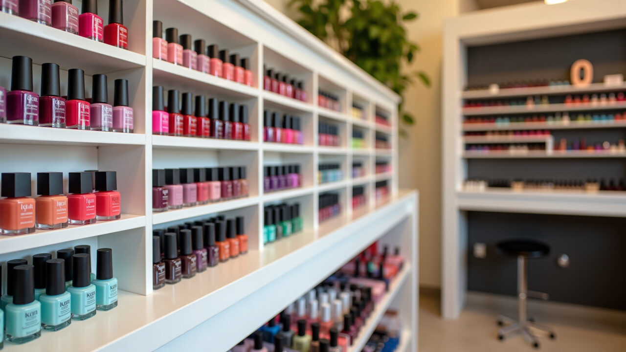 Professional photography, salon interior, vibrant nail polish collection displayed on shelves, Esmaltes organizados por cor em prateleiras de salão de beleza.