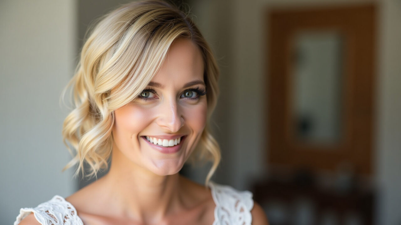 Professional photography, short hair styled in soft waves for a wedding, natural lighting, 8K Cabelo curto com ondas suaves para madrinha.