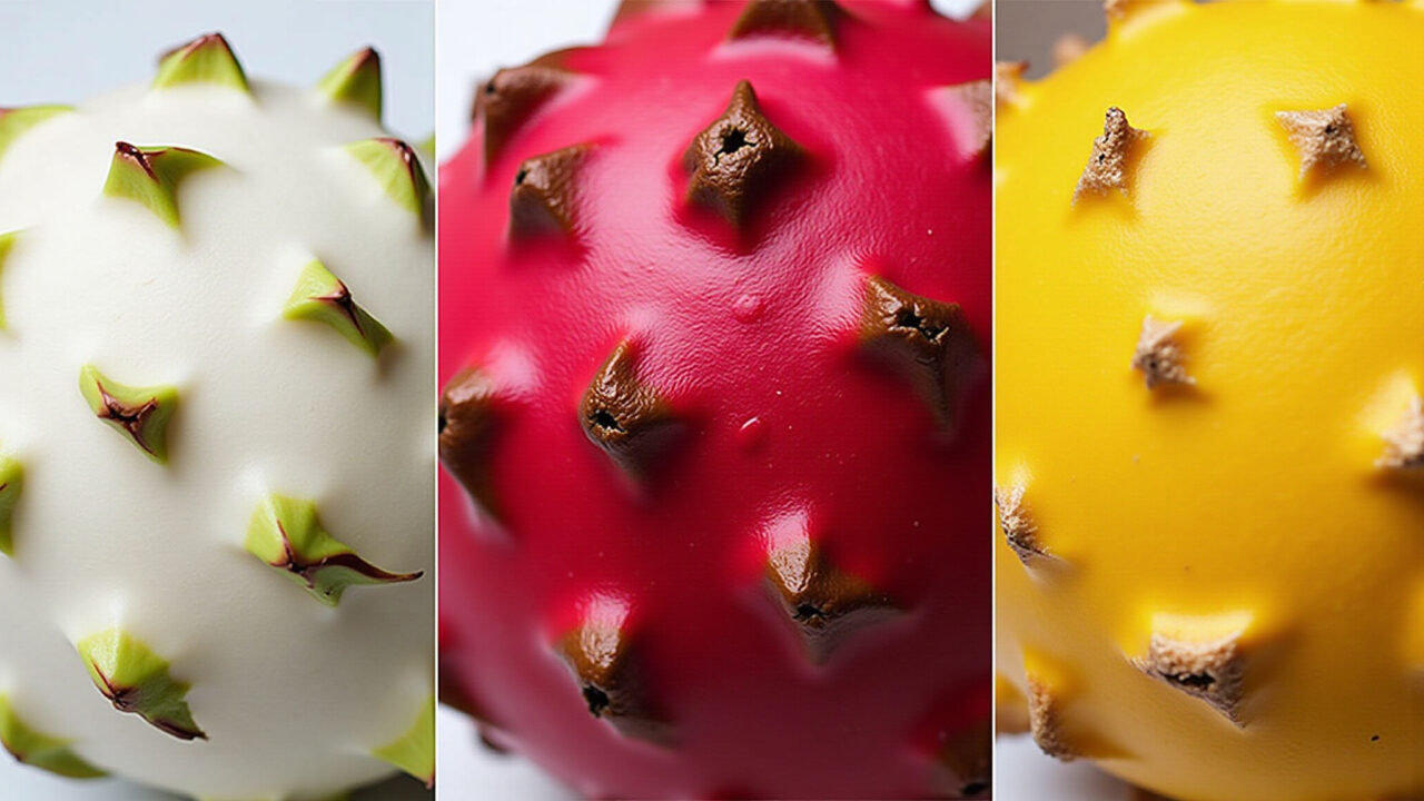 Professional photography showcasing the three types of pitaya: white, red, and yellow. Side-by-side Tipos de pitaya: branca, vermelha e amarela.