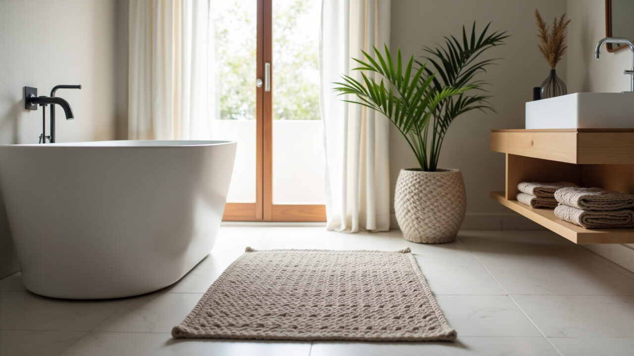 Professional photography, simple rectangular crochet rug in a bathroom, neutral colors, minimalist Tapete retangular simples de crochê em banheiro minimalista.