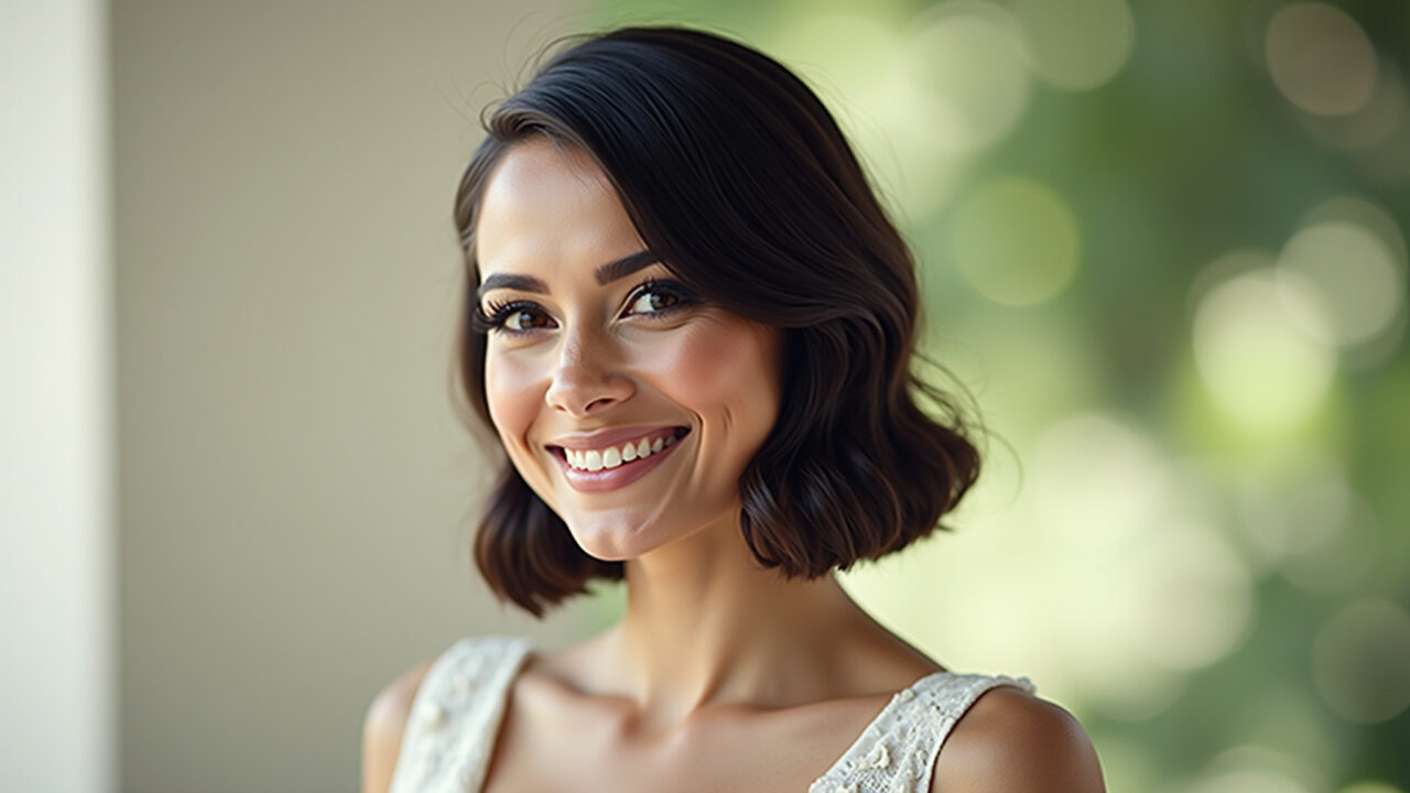 Professional photography, sleek and shiny short hair for a wedding, natural lighting, 8K quality, Cabelo curto liso e brilhante para madrinha.