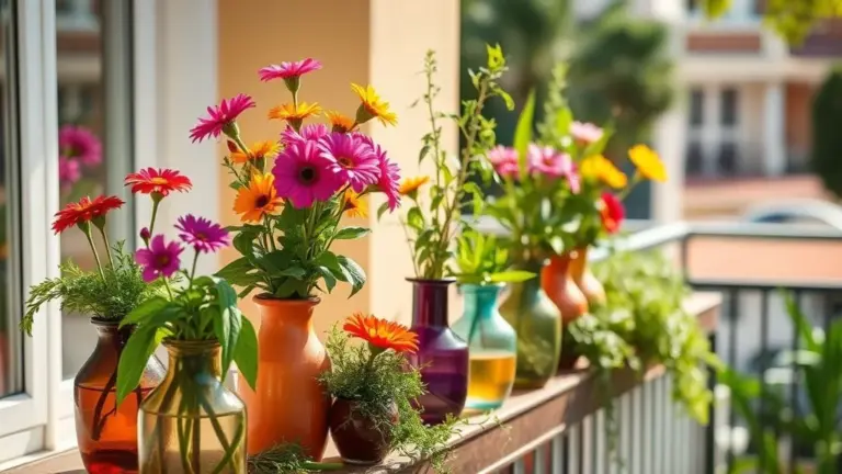 Vasos pequenos coloridos com flores e ervas em varanda ensolarada.