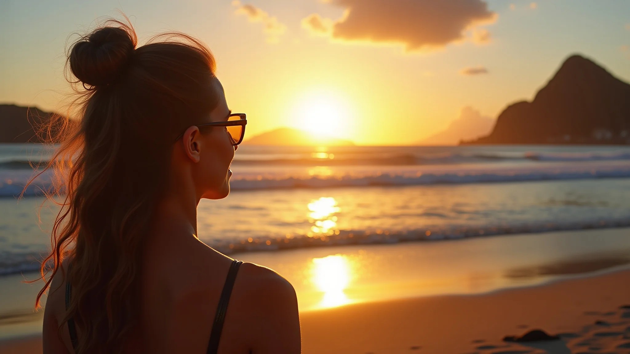 Viajante admirando o pôr do sol na praia de Ipanema, Rio de Janeiro.