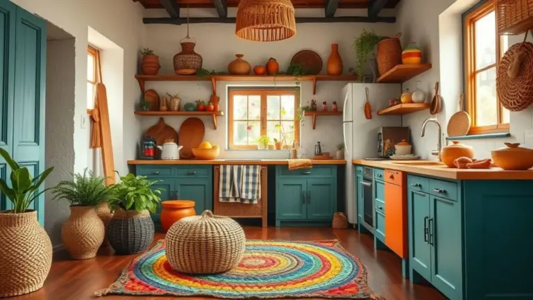 Tapete de crochê artesanal em cozinha brasileira aconchegante, com detalhes vibrantes e decoração charmosa.
