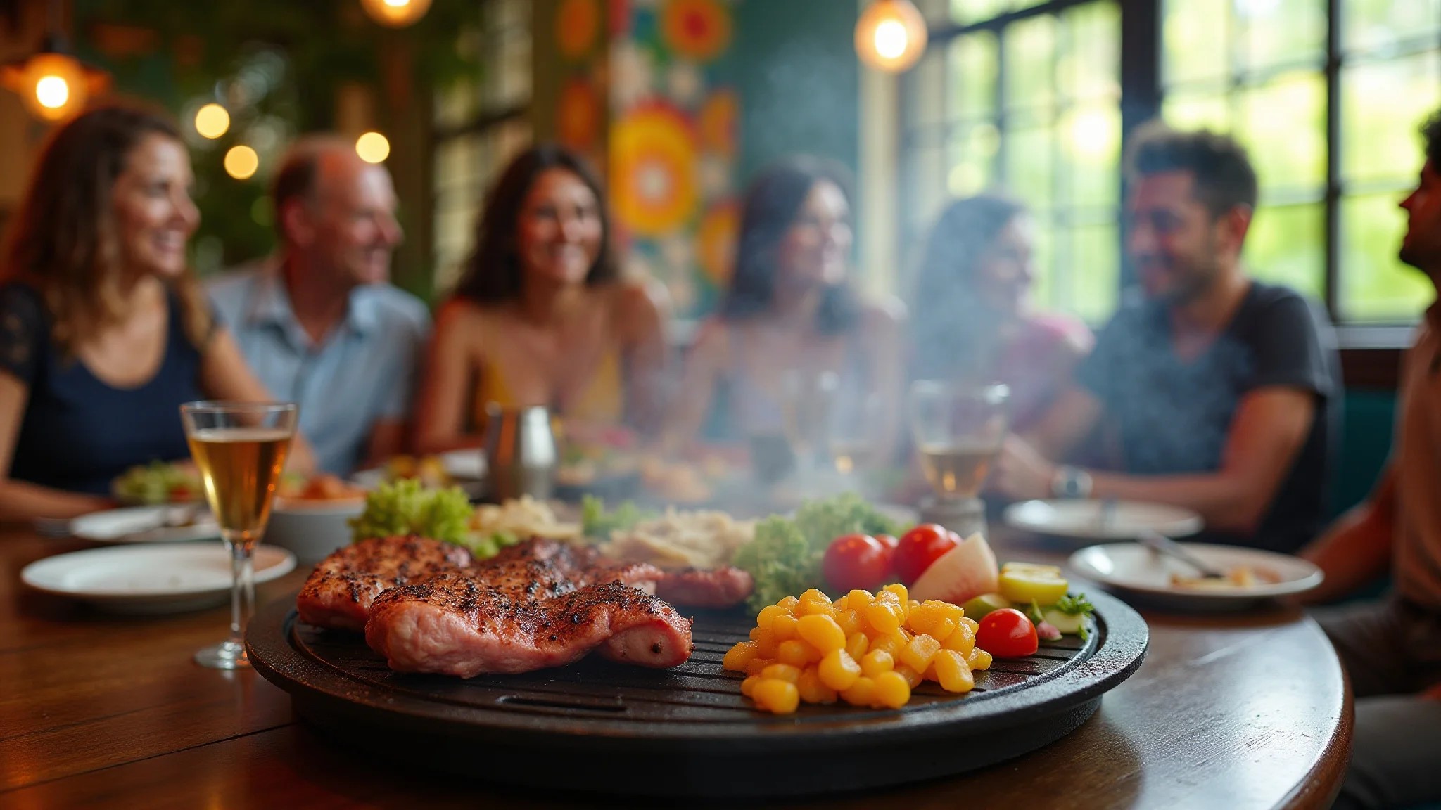Área gourmet brasileira vibrante com churrasqueira e amigos reunidos.