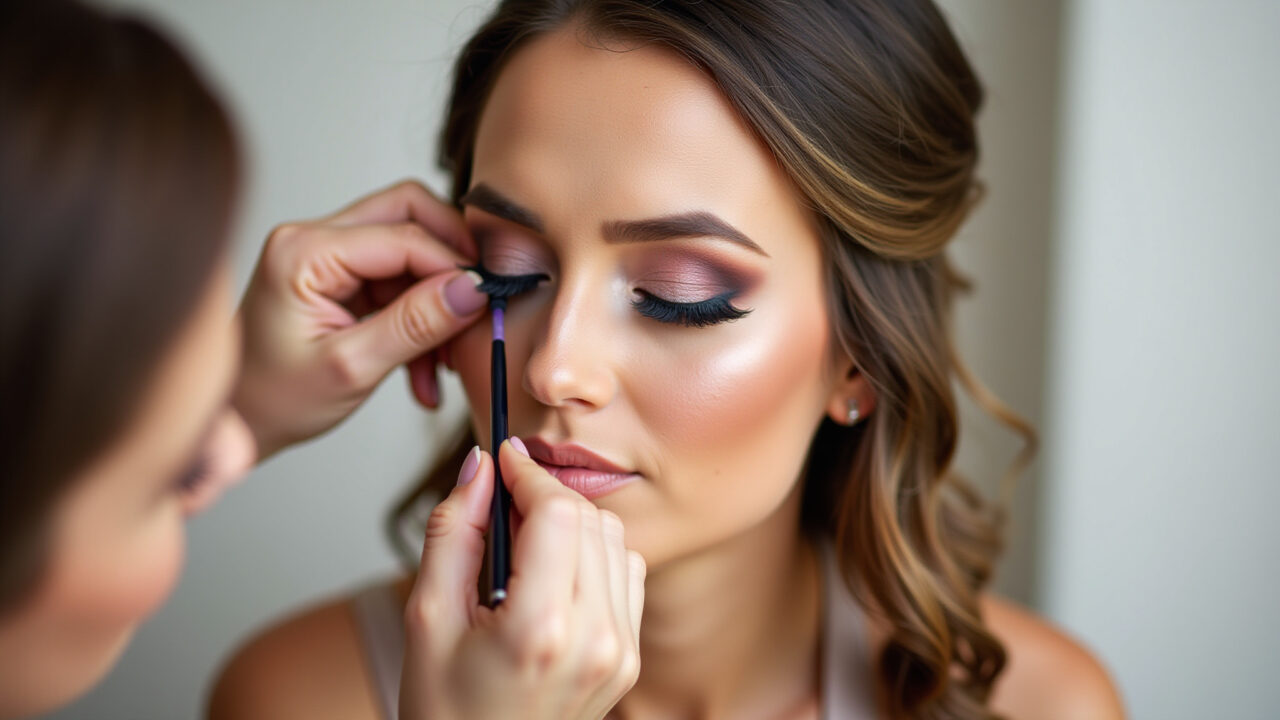 Professional photography, woman applying eyeshadow, evening bridesmaid makeup, smoky eyes, blending Maquiagem dos olhos com esfumado clássico para madrinha à noite.