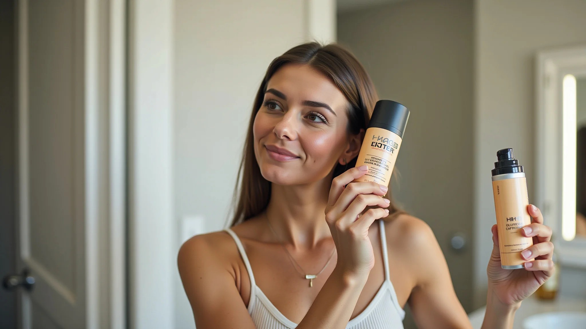 Mulher aplicando produto de selagem capilar em casa, banheiro com estilo brasileiro.