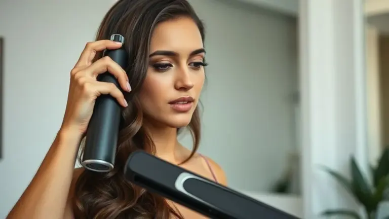 Mulher aplicando protetor térmico no cabelo antes de usar chapinha. Cabelos protegidos e brilhantes.