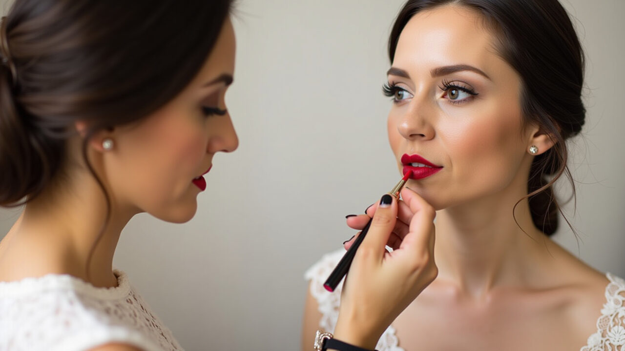 Professional photography, woman applying red lipstick, evening bridesmaid makeup, perfect lip Aplicação de batom vermelho para maquiagem de madrinha à noite.