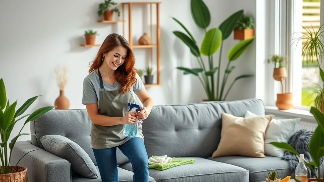 Mulher limpa sofá cinza a seco em casa com borrifador e pano de microfibra. Limpeza econômica e eficaz.