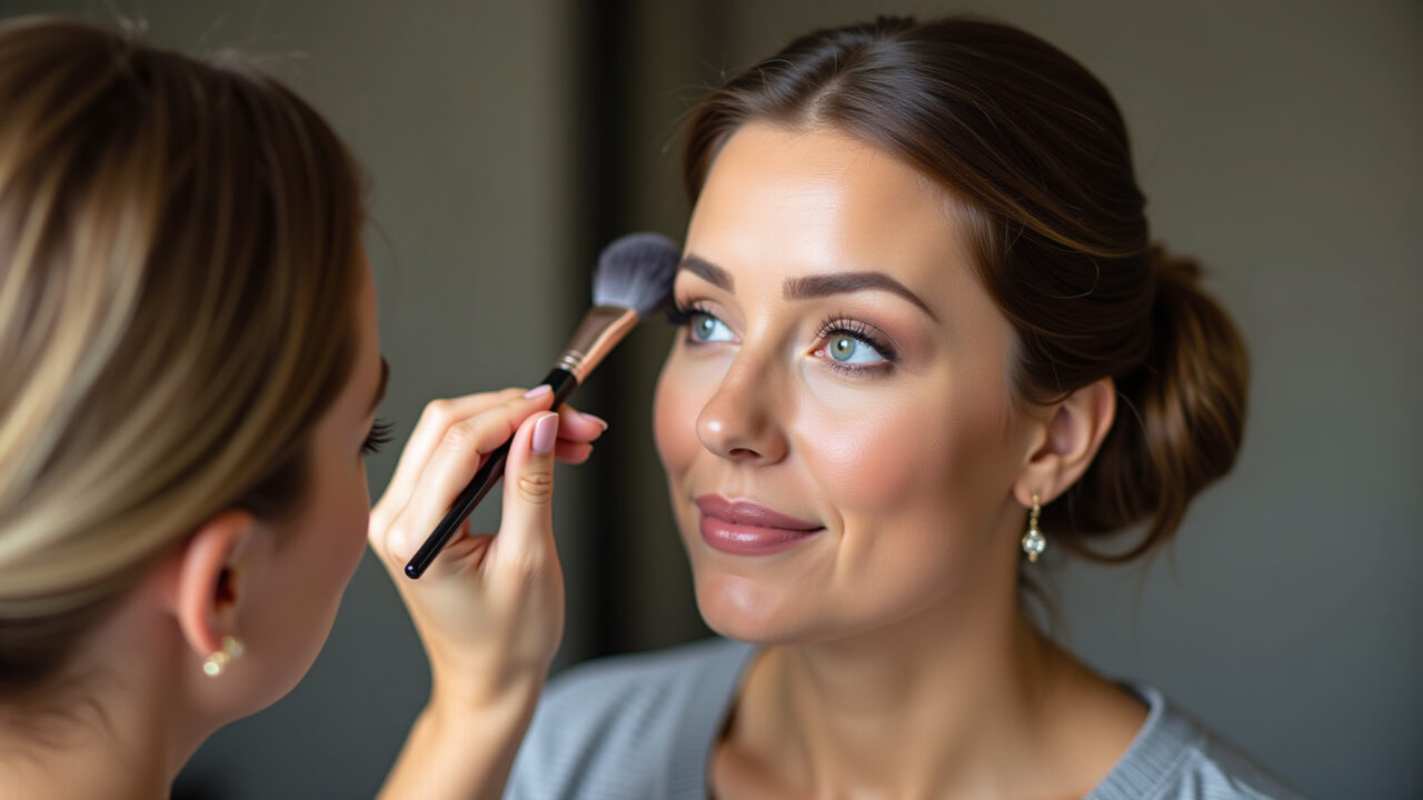 Professional photography, woman contouring her face with a brush, evening bridesmaid makeup, Contorno e iluminação no rosto para maquiagem de madrinha à noite.