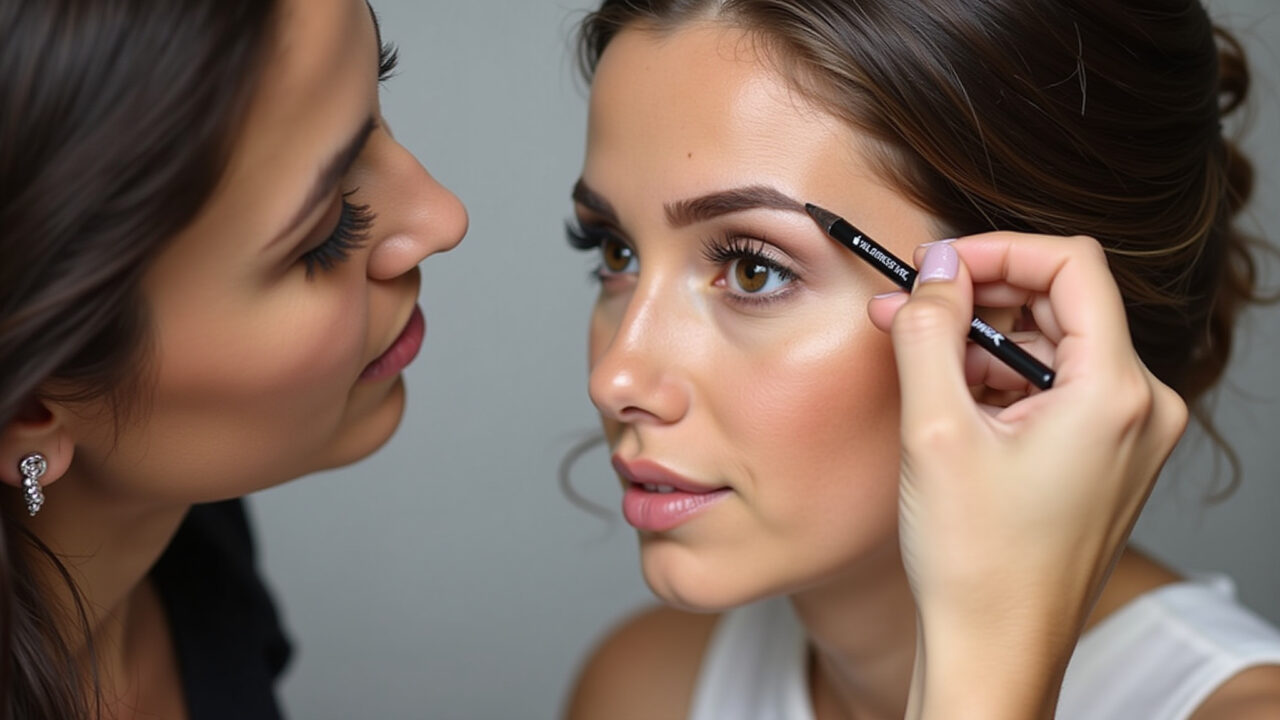 Professional photography, woman defining eyebrows with pencil, evening bridesmaid makeup, natural Definição das sobrancelhas para maquiagem de madrinha à noite.