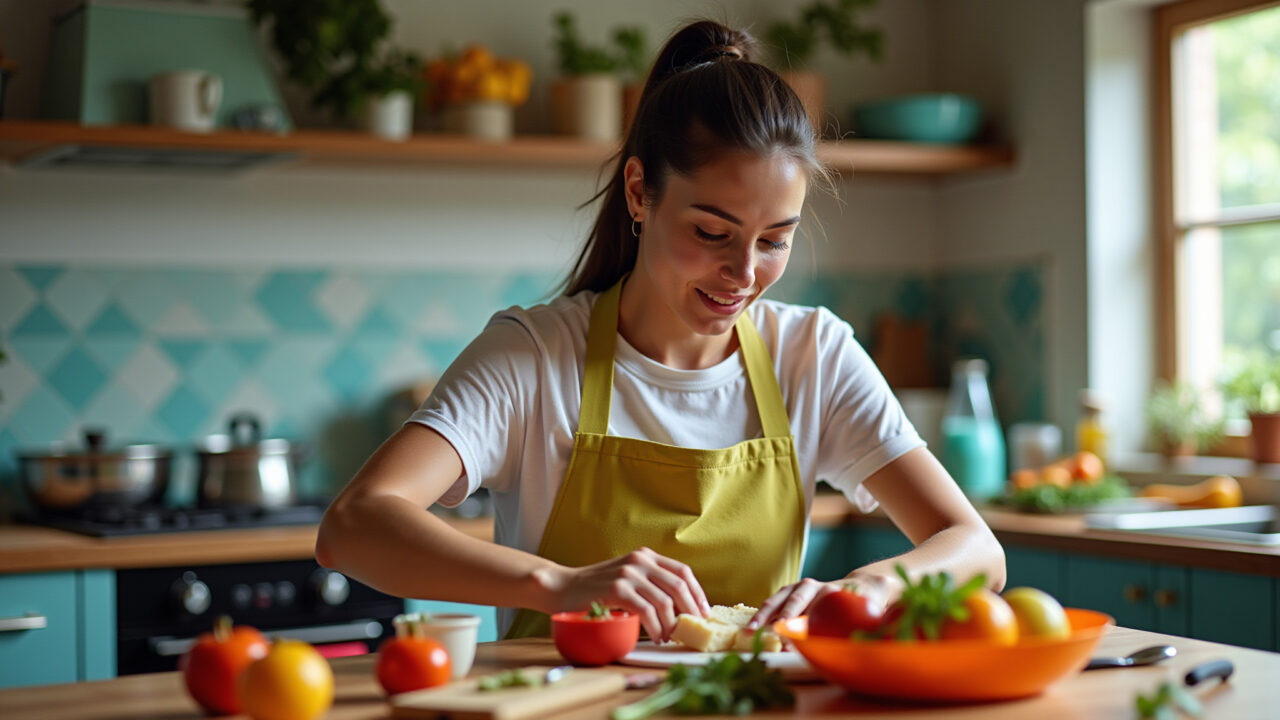 Professional photography, woman in a colorful Brazilian kitchen, preparing ingredients for a fun Mulher preparando ingredientes para oficina de culinária no Dia das Crianças.