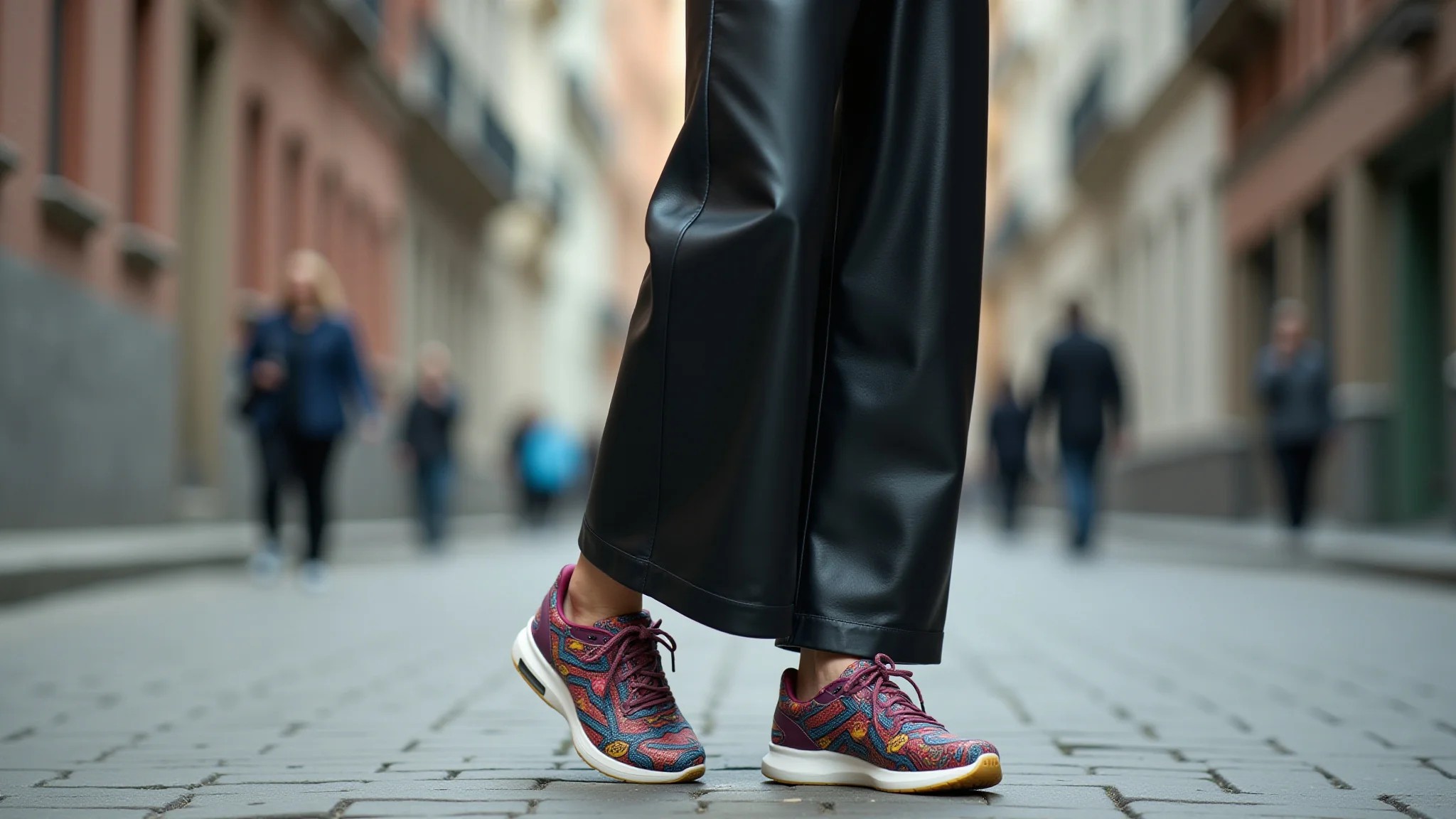 Mulher com calça pantalona de couro e tênis colorido em ambiente urbano moderno.