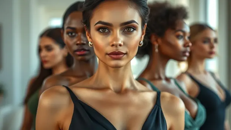 Mulher brasileira sorrindo, mostrando diferentes tipos de decotes que valorizam o colo, em um ambiente bem iluminado.