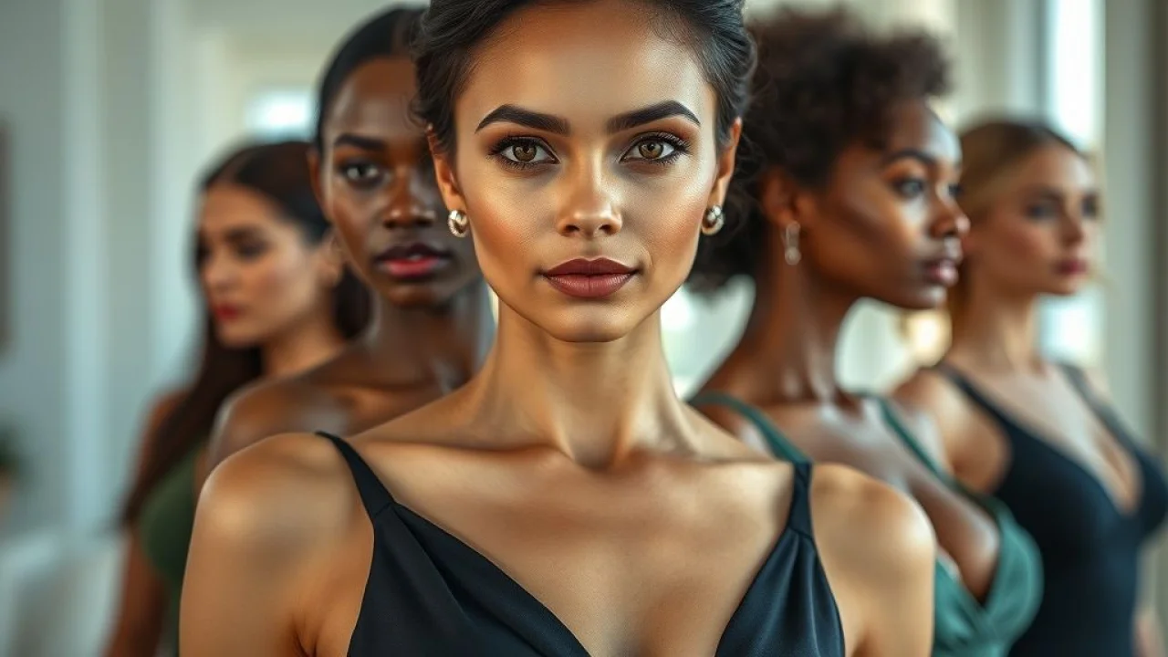 Mulher brasileira sorrindo, mostrando diferentes tipos de decotes que valorizam o colo, em um ambiente bem iluminado.