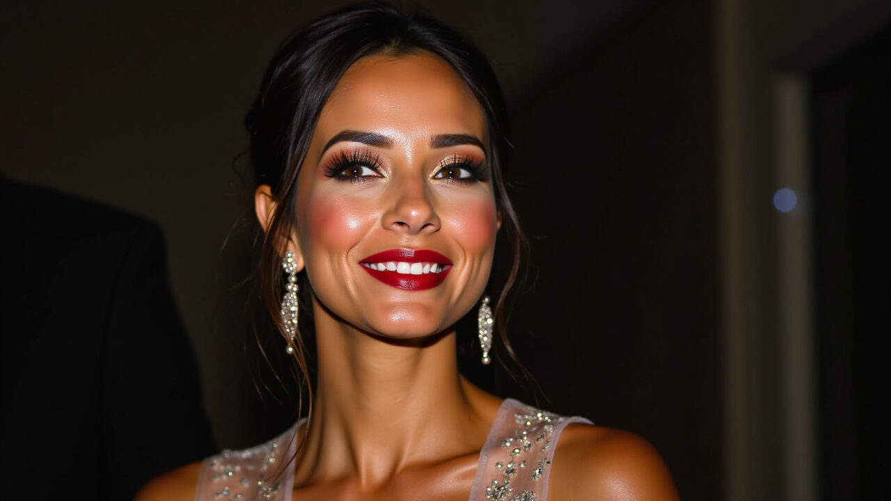 Professional photography, woman with bold red lipstick, minimal eye makeup, attending evening Boca tudo com batom vibrante para casamento noturno.