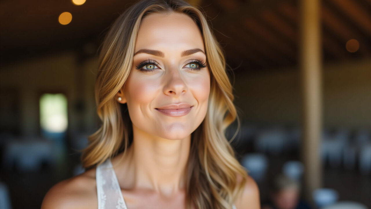 Professional photography, woman with earthy toned smokey eye, bronze eyeshadow, nude lipstick, Olhos esfumados em tons terrosos para casamento rústico.