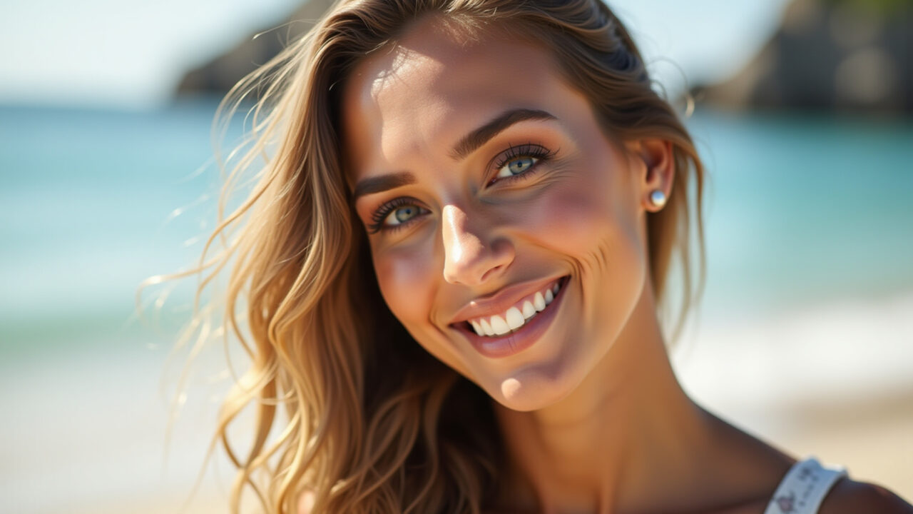 Professional photography, woman with glowing skin, bright highlighter, bronze eyeshadow, nude Maquiagem glow com iluminador marcante para casamento na praia.