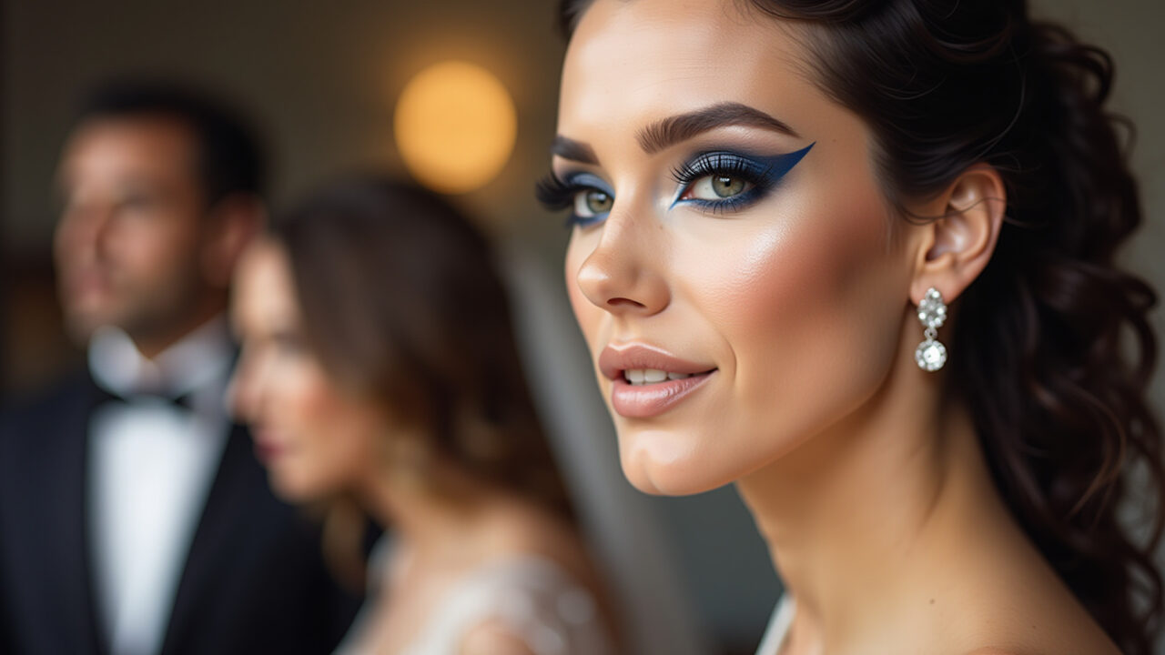 Professional photography, woman with modern smokey eye using blue eyeshadow, nude lipstick, Smokey eye moderno com cores inusitadas para casamento moderno.