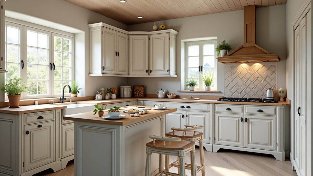 Provencal kitchen, light colors, aged wood furniture, floral prints, romantic details, professional Cozinha provençal com móveis de madeira envelhecida e estampas florais.