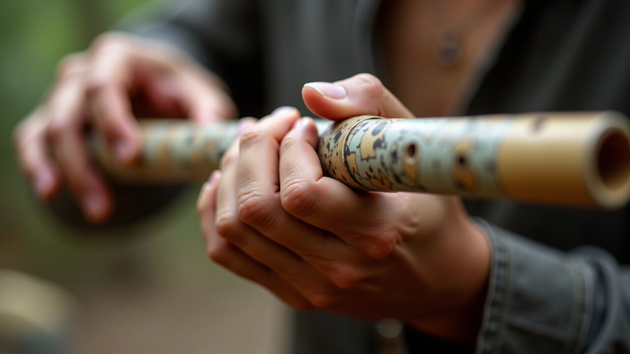 Flauta de cano de PVC sendo tocada por artesão brasileiro.