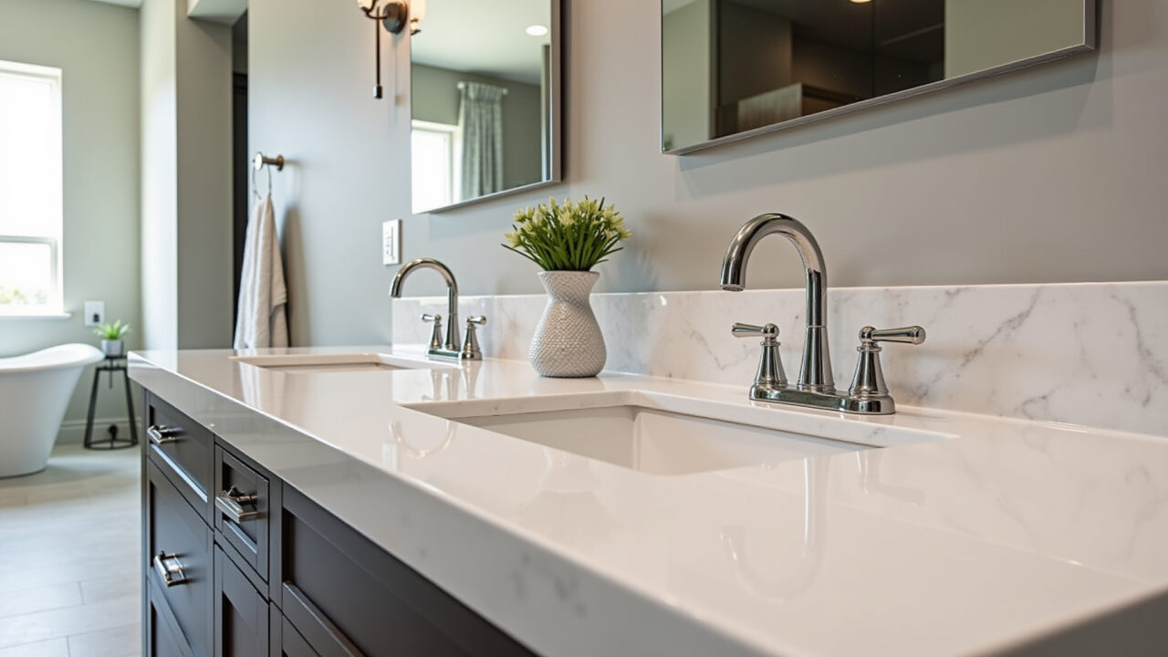 Bancada de quartzo em banheiro moderno.