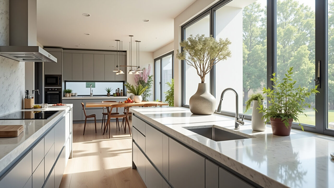 Cores vibrantes em bancadas de quartzo.