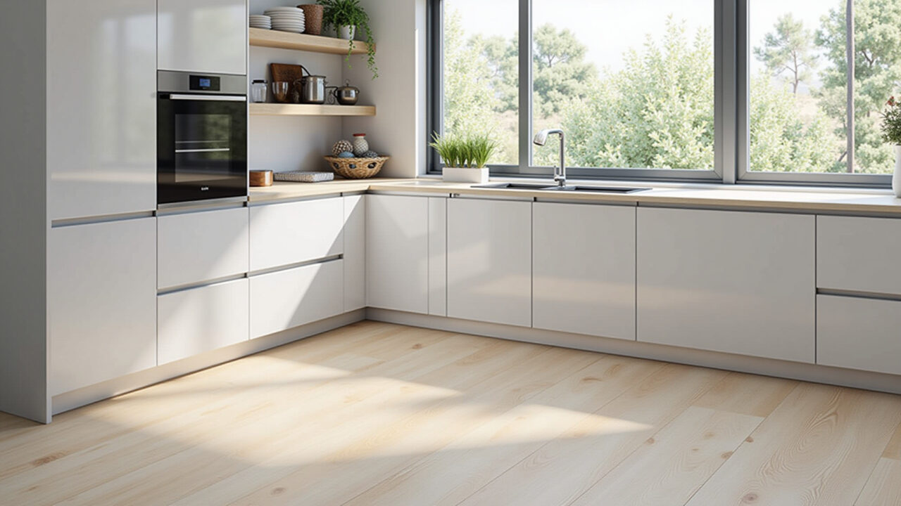 Quick vinyl floor installation, DIY, modern kitchen, natural light, 8K quality, commercial Instalação rápida do piso vinílico na cozinha.