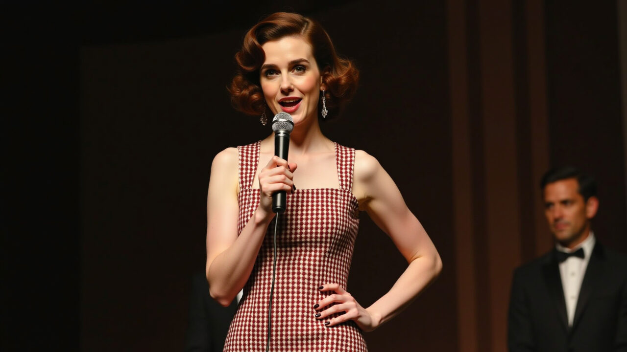 Midge Maisel fazendo stand-up comedy em The Marvelous Mrs. Maisel.