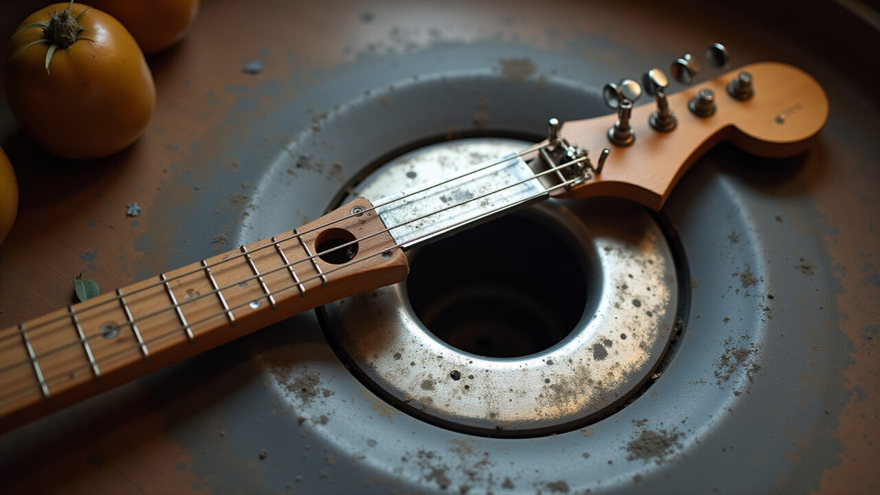 Reco-reco feito de ralo de pia sendo tocado.