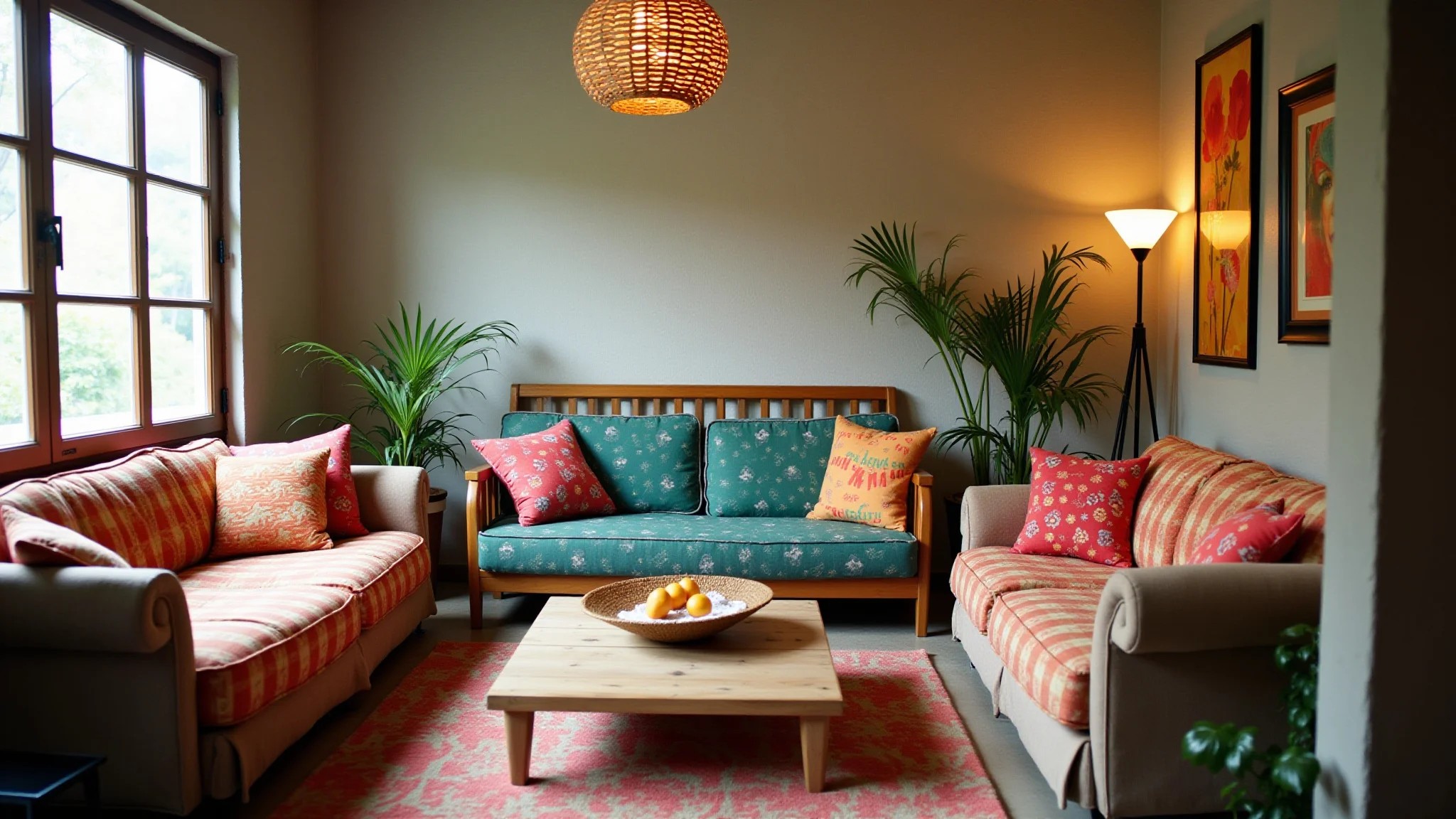 Detalhes de decoração reciclada, almofadas coloridas e móveis reutilizados em estilo brasileiro.