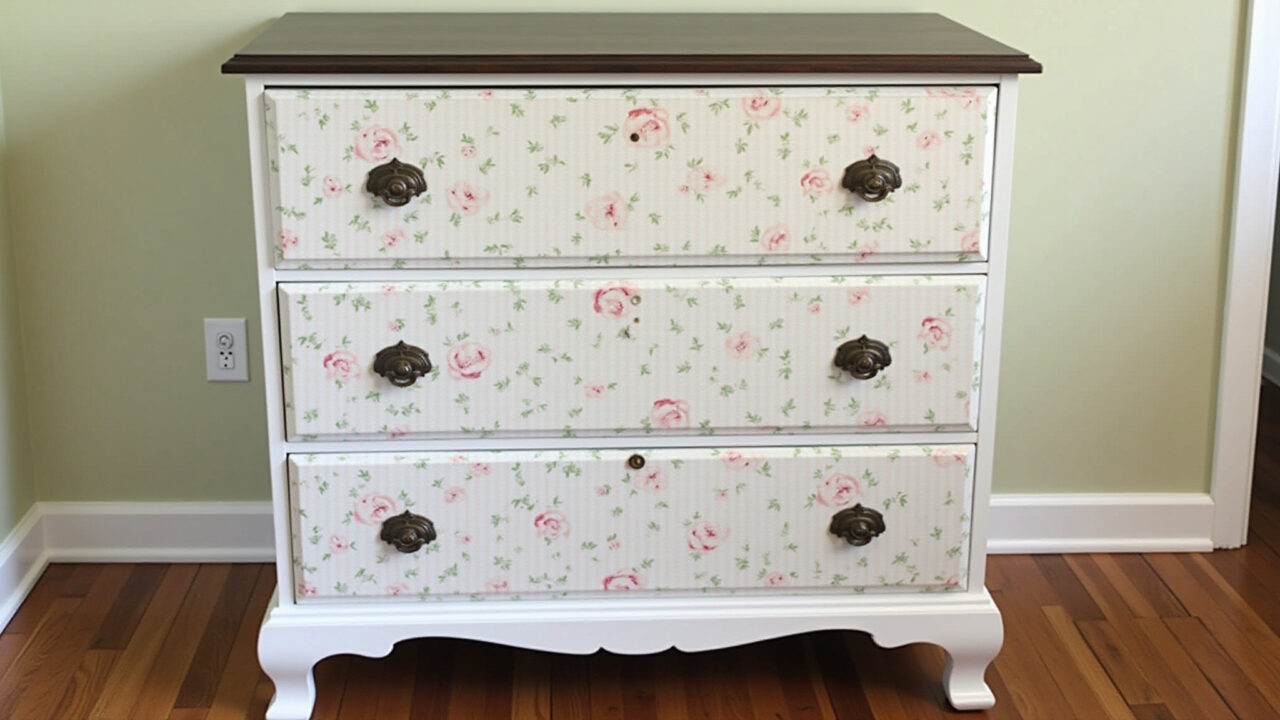 Cômoda antiga restaurada com decoupage e tons pastel.