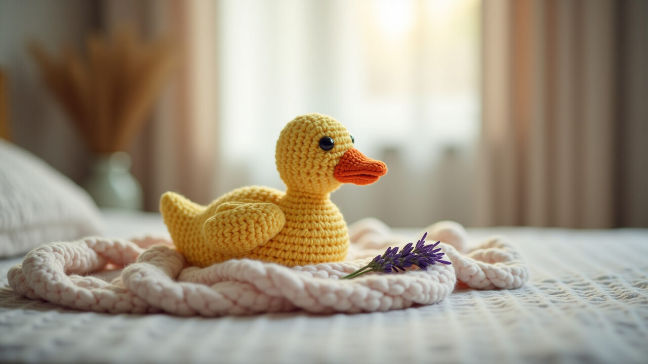 Relaxing amigurumi duck lying on bed, soft yarn, lavender scent, cozy bedroom, natural light, 8k, Amigurumi pato deitado relaxante